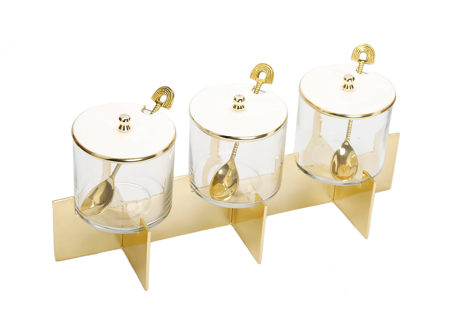 Three Glass Canister Set White Lids Gold Block Base