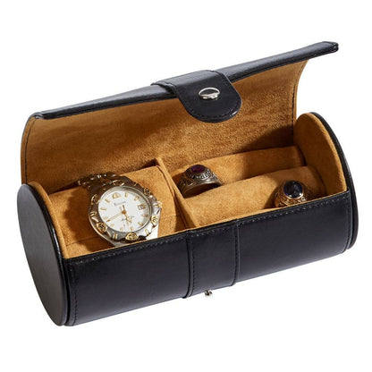 Black Leather Round Jewelry Case 6" X 3"