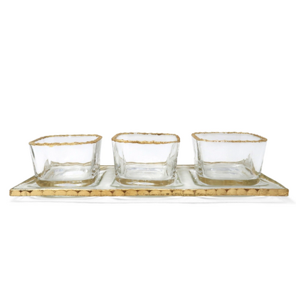 3 Bowl Relish Dish on Tray with Gold Rim