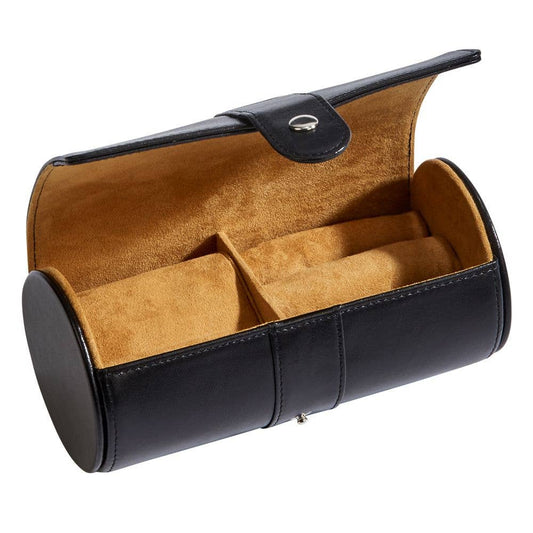 Black Leather Round Jewelry Case 6" X 3"