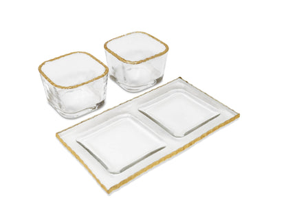 2 Bowl Relish Dish on Tray with Gold Border