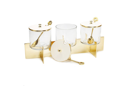 Three Glass Canister Set White Lids Gold Block Base