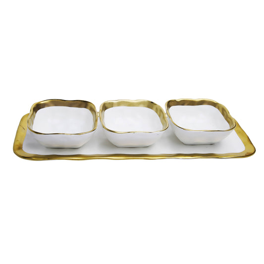 Relish Dish with 3 Square Bowls with Gold Trim