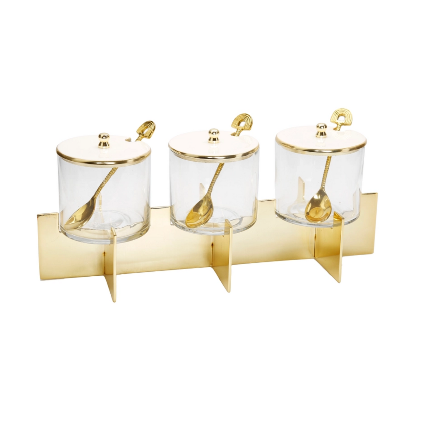 Three Glass Canister Set White Lids Gold Block Base