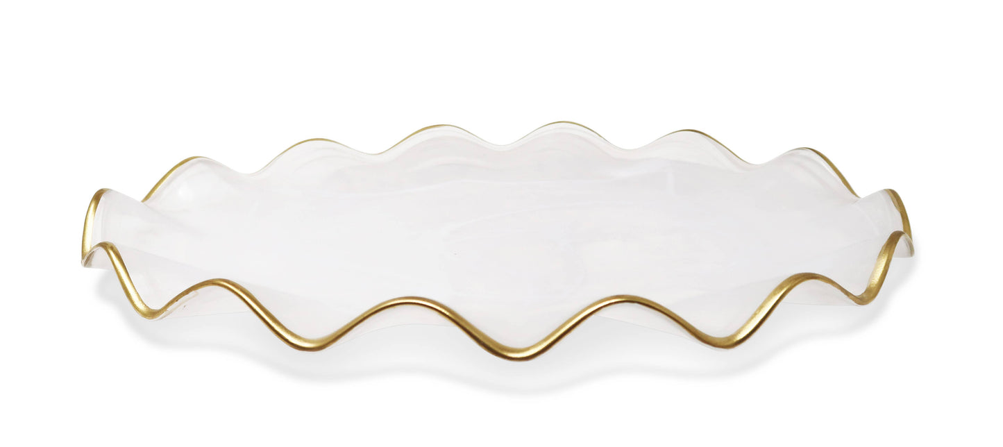 White Alabaster Oval Tray With Gold Ruffled Border (2 Sizes)