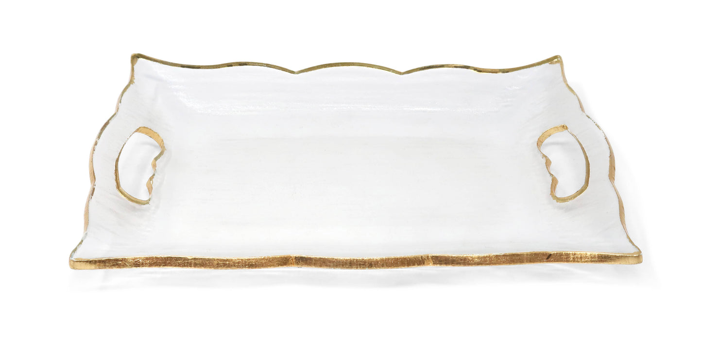 Rectangular Glass Tray with Handles and Gold Rim