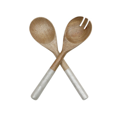 White Pearl Textured Enamel Wood Salad Servers