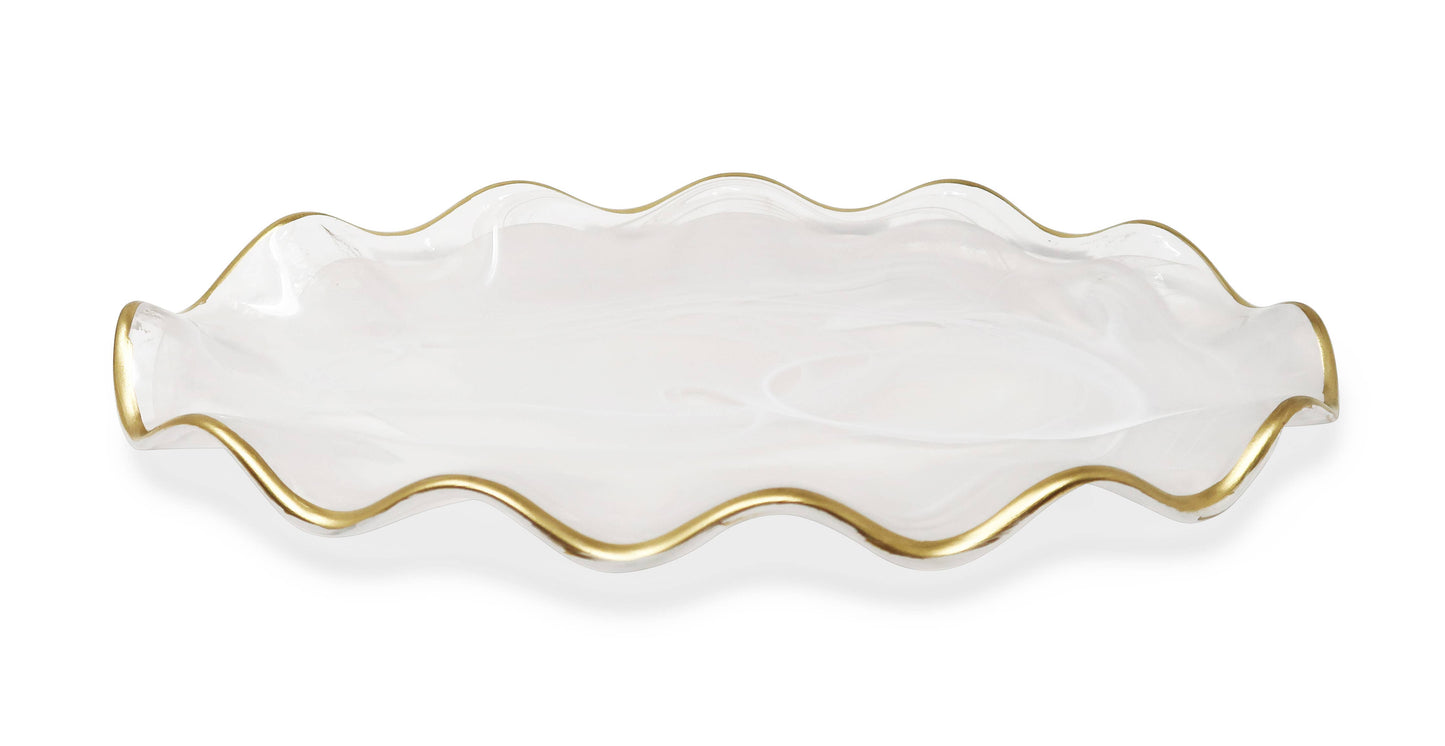 White Alabaster Oval Tray With Gold Ruffled Border (2 Sizes)